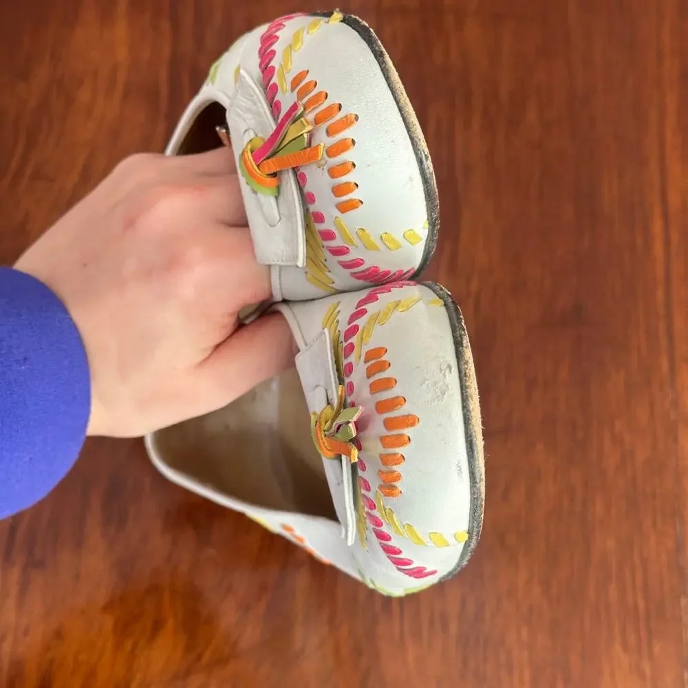 Vintage 80s 37.5 STUART WEITZMAN Multicolor White Western Woven Leather Loafers